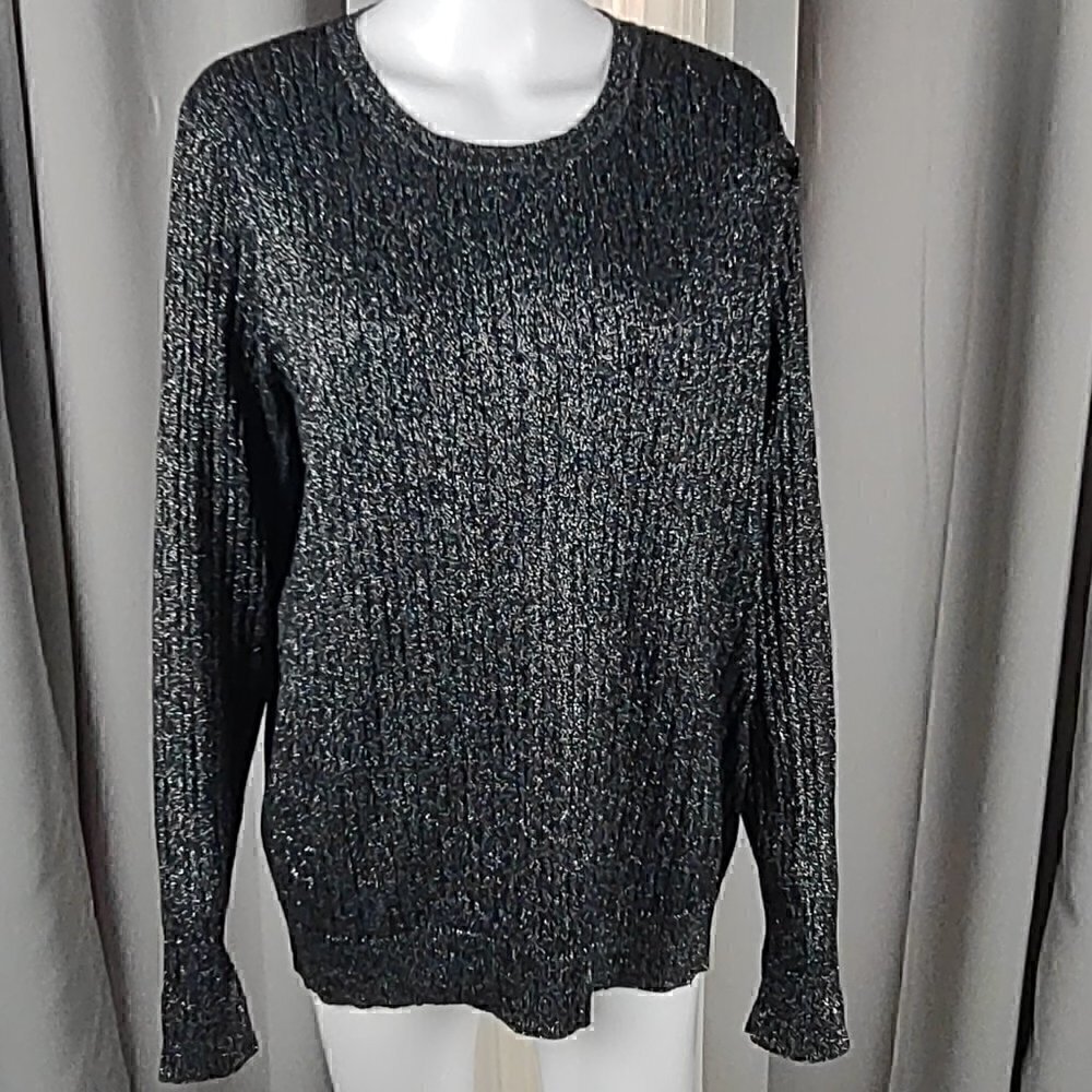 Kim Rogers Black And Silver Cotton Blend Long Sleeve Sweater Size XL